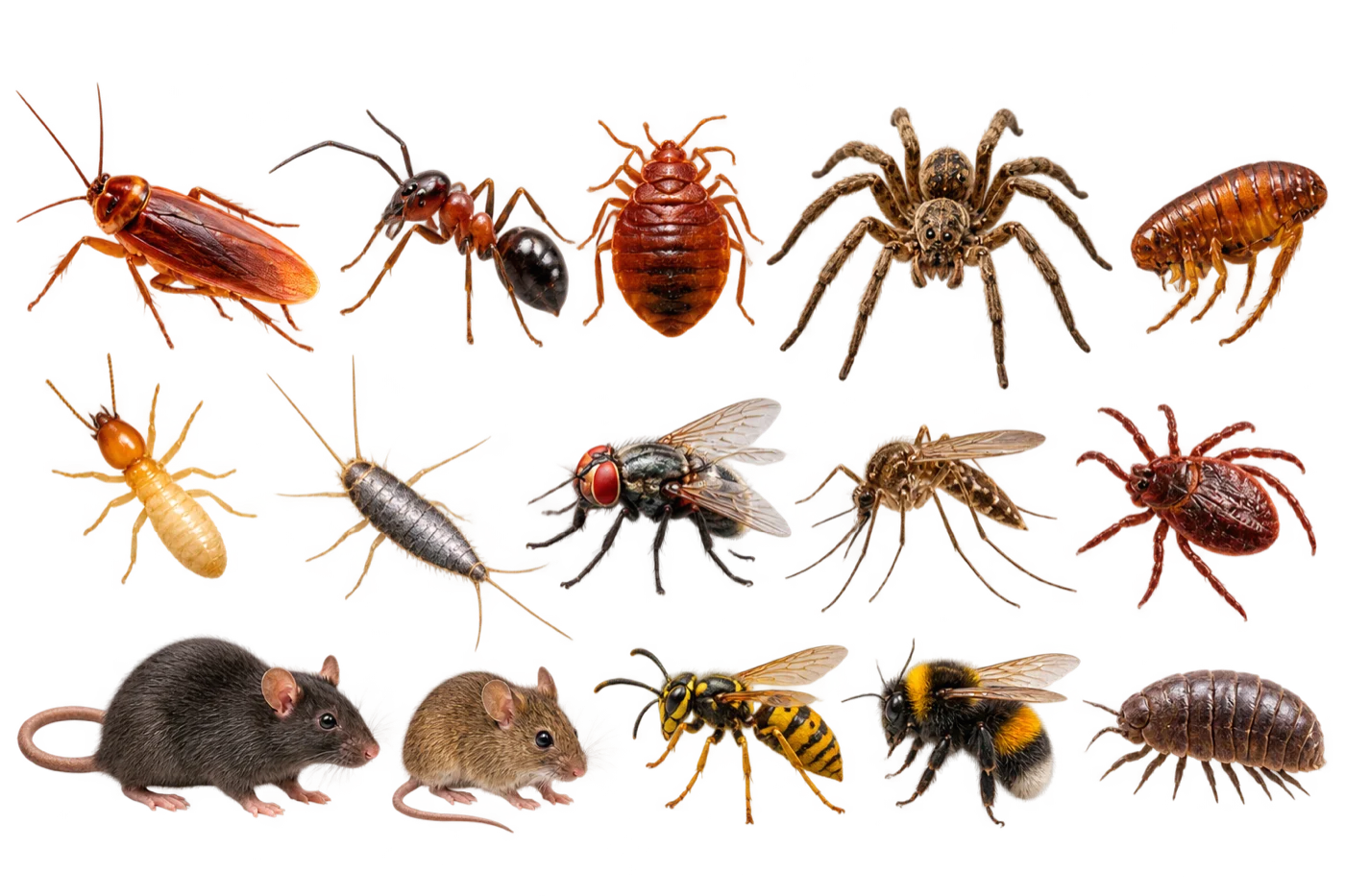 The pests Pro Pest Control treats, including cockroaches, ants, bed bugs, spiders, fleas, termites, silverfish, flies, mosquitoes, rats, mice, wasps and bees